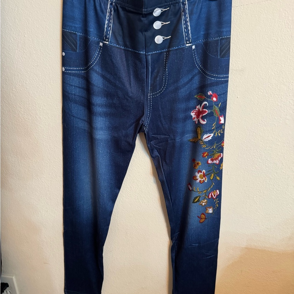 Floral Embroidered Dark Blue Women’s Jeans Leggings